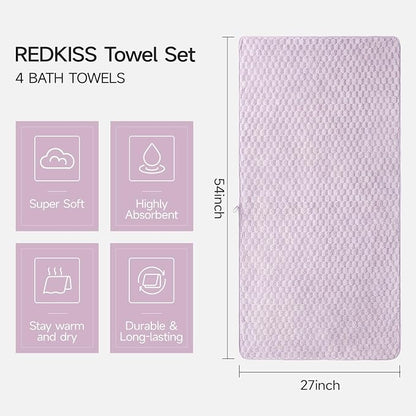 REDKISS 4 Pack Purple Microfiber Bath Towels - Large Shower Towels Set for Bathroom, Super Absorbent Towel Set of 4 Lagre, Quick Dry Bathroom Towel for Spa, Gym,Travel, Lint Free, Ultra Soft