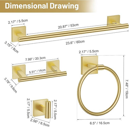 TURS Brushed Gold 5 Piece Bathroom Hardware Accessories Set, SUS304 Stainless Steel Bath Towel Bar Set, 24 Inch Round Bathroom Towel Holder Set Wall Mounted