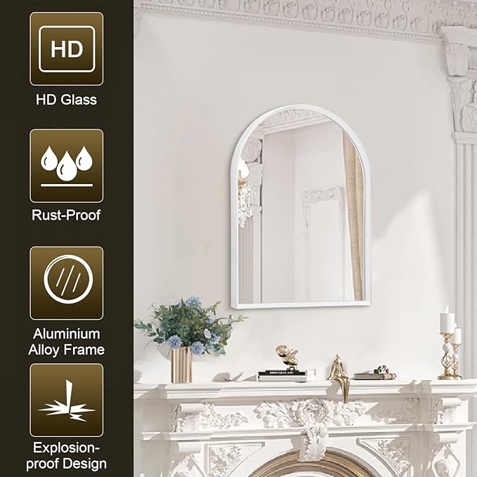 Arched Wall Mirror Bathroom Mirror Brushed Metal Vanity Wall Mounted Mirrors for LivingRoom Bedroom Entryway Room Home Decor White 16"x12"