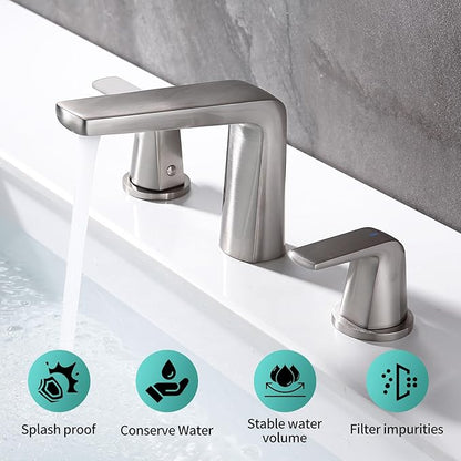 8 inch 2 Handles Widespread Bathroom Faucet 3 Holes with Pop up Drain Assembly and Water Supply Lines, Brushed Nickel