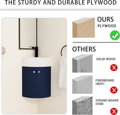 Malwee 13 Inch Wall-Hung Vanity, Corner Vanity, 13'' Floating Bathroom Vanity with Sink, with 1 Door and White Ceramic Basin Sink Top (053-13)