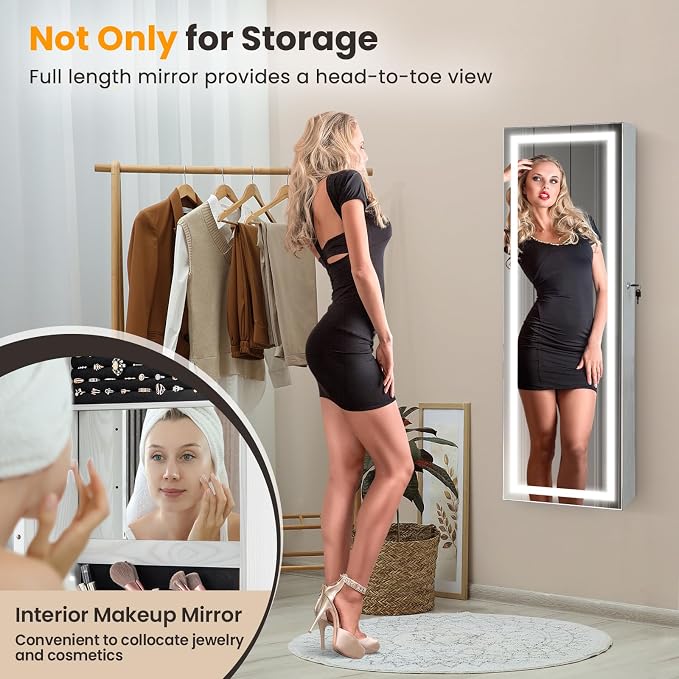 GOFLAME LED Mirror Jewelry Cabinet 47”, Wall/Door Mounted Full Length Mirror with Storage, 3-Color Lights, Interior Makeup Mirror, Lockable Jewelry Storage Organizer, Jewelry Armoire, White