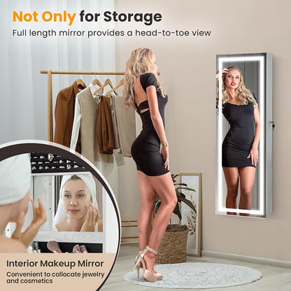 GOFLAME LED Mirror Jewelry Cabinet 47”, Wall/Door Mounted Full Length Mirror with Storage, 3-Color Lights, Interior Makeup Mirror, Lockable Jewelry Storage Organizer, Jewelry Armoire, White