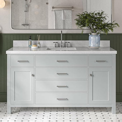 Alenza 60 Inch Bathroom Vanity Single Sink — Grey Bathroom Vanity with Sink, 1.5" Edge Italian Carrara Marble Countertop & Backsplash, 2 Soft-Close Doors, 5 Dovetail Drawers