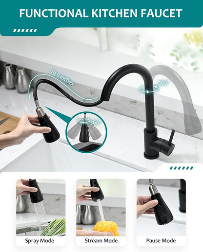 Black Kitchen Faucet with Pull Down Sprayer for RV Sink, VFAUOSIT Kitchen Sink Faucet Stainless Steel Laundry Single Handle Pull Out Kitchen Faucets Matte Black, Grifo para Fregaderos de Cocina