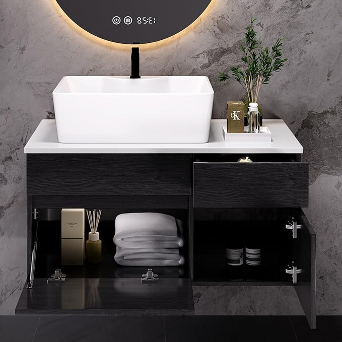 31.5" Floating Bathroom Vanity with Sink, Soft Closing Drawers, Solid Wood Modern Single White Bathroom Vanity Cabinet with Drawers and Shelves, Wall Mounted