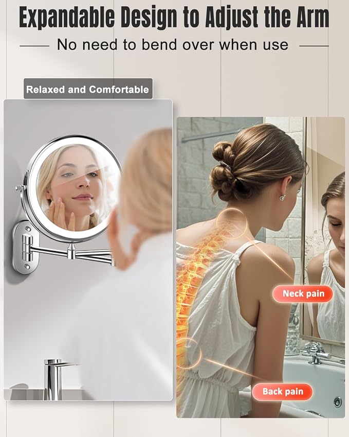 VFD 8'' 30X/1X Wall Mounted Lighted Magnifying Makeup Mirror with Lights | Double Sided Rechargeable Bathroom Mirror, 3 Color Lights Touch Dimmable Extended Arm 360 Rotation Light up Mirrors