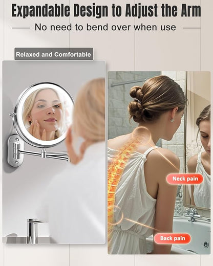 VFD 8'' 30X/1X Wall Mounted Lighted Magnifying Makeup Mirror with Lights | Double Sided Rechargeable Bathroom Mirror, 3 Color Lights Touch Dimmable Extended Arm 360 Rotation Light up Mirrors