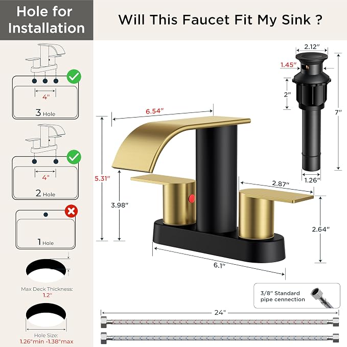 FORIOUS Bathroom Faucet 4 Inch Centerset 2 Hole Waterfall Black and Gold | Bathroom Sink Faucet 2 Handles with Pop up Drain and cUPC Hose, Lead-Free, Suitable for RV Vanity Lavatory and Restroom