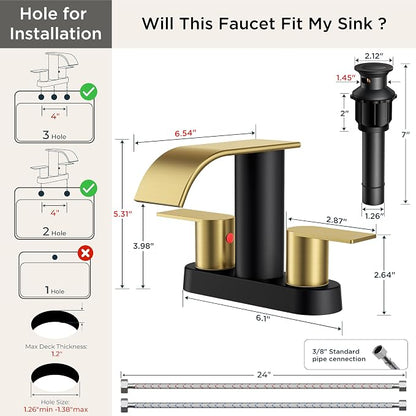 FORIOUS Bathroom Faucet 4 Inch Centerset 2 Hole Waterfall Black and Gold | Bathroom Sink Faucet 2 Handles with Pop up Drain and cUPC Hose, Lead-Free, Suitable for RV Vanity Lavatory and Restroom