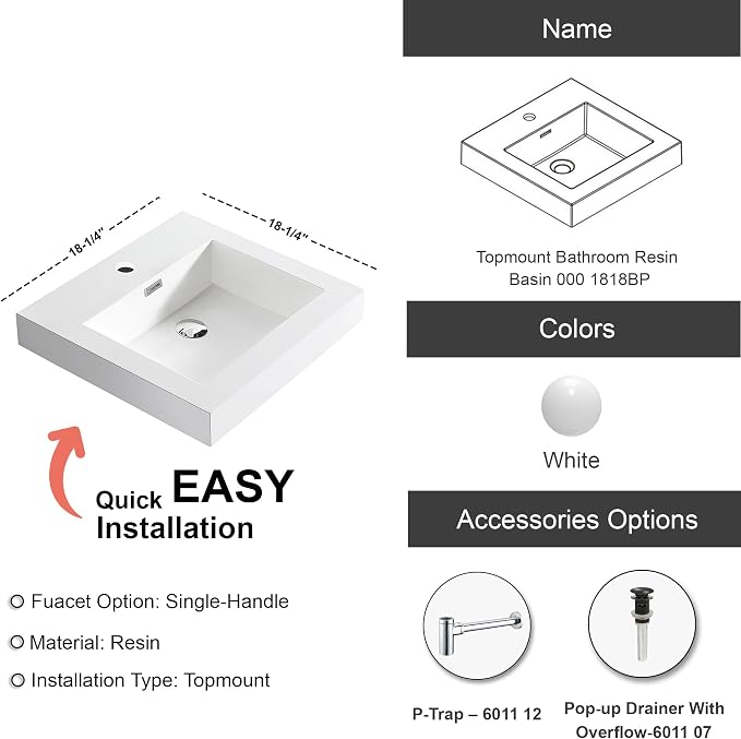 Dowell 18" Bathroom Sink,Single Bowl Vanity Basin,Rectangular Drop-In Bathroom Sink with Overflow,White-000 1818BP