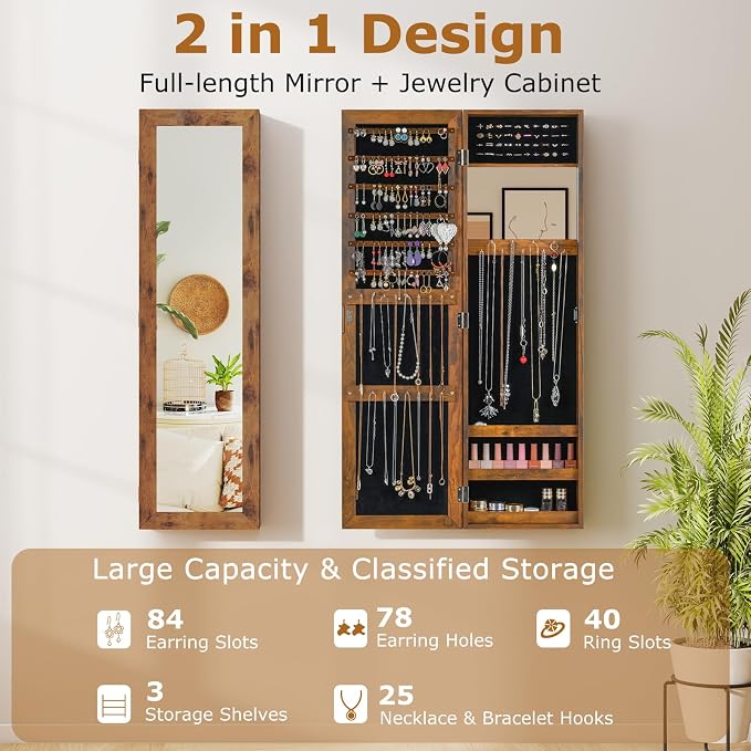 COSTWAY Full Length Mirror Jewelry Armoire, Wall Door Mounted Jewelry Cabinet Organizer with Makeup Mirror, Ring Slots and Necklace Hooks for Bedroom, Dressing Room (Rustic Brown)