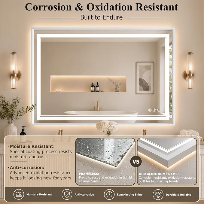 36"x48" LED Bathroom Mirror with Lights, Backlit + Front Lit, Anti-Fog | Lighted Bathroom Mirror with One-Piece Aluminum Alloy Frame, HD Shatterproof Tempered Glass, Dimmable, Memory Function