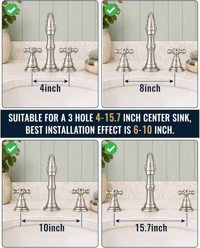 gotonovo Bathroom Faucet 3 Hole Vintage, Brushed Nickel, Hot Cold Label | Widespread Bathroom Sink Faucet 8 Inch 2 Cross Handles,Pop Up Drain,cUPC Supply Line,4-15.7” Install,for Vanity Farmhouse RV