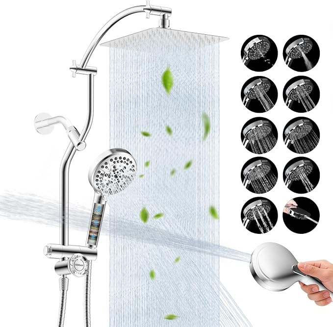 Hibbent 10'' All Metal Showerhead Combo & 10 Mode Filtered Handheld, Chrome | High Pressure Stainless Steel Showerhead, 4-way Diverter, Heightened All Metal Extension Arm, 71'' Hose & Holder, Easy Reach