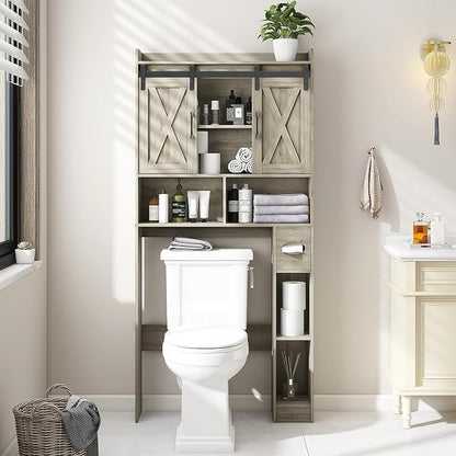 Vabches Over The Toilet Storage Cabinet with Sliding Doors, Grey | Farmhouse Storage Cabinet Over Toilet, Home Space-Saving Toilet Rack, Toilet Paper Holder Stand,for Restroom,Bathroom,Laundry