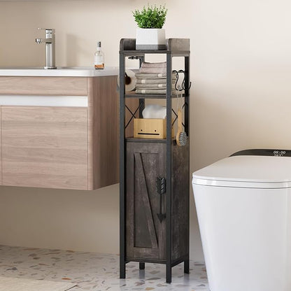 VECELO Small Bathroom Storage Cabinet, Slim Toilet Paper Holder with Shelves & Metal Racks, Organizer Cabinet for Narrow Spaces, Iron Gray, Farmhouse Style