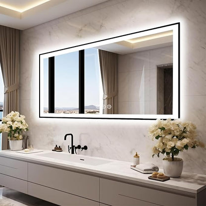 EchosLife 72x32 LED Bathroom Vanity Mirror - Black Aluminum Framed | Black Frame, Front and Backlit, Anti-Fog, Stepless Dimmable, 3 Colors, Memory, Tempered Glass, UL Listed, Horizontal/Vertical
