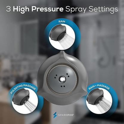 SparkPod High Pressure Shower Head, 3 Inch Fixed Showerhead, Charcoal Grey | Rain, Pulsating & Combo Modes, Helps Boosts Low Water Pressure, Anti-Clog Nozzles, Easy Install