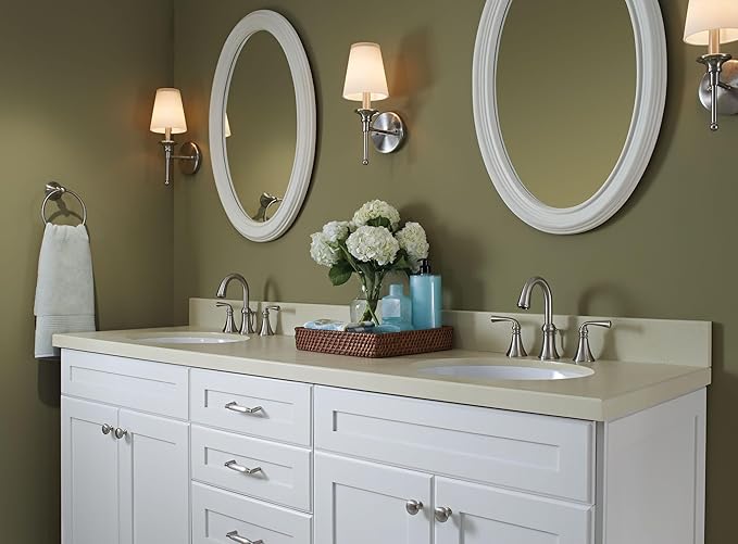 Moen Wetherly Spot Resist Brushed Nickel Two-Handle Widespread Bathroom Faucet with Valve Included, 3-hole Deck Mounted Setup, WS84855SRN