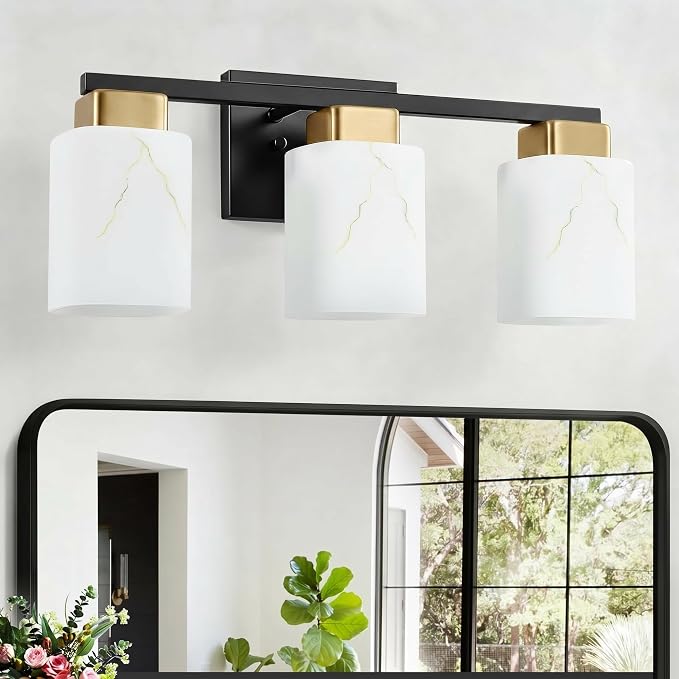 3-Light Square Bathroom Light Fixture, Black and Gold Modern Vanity Light with White Marble Glass Shade, for Bathroom Mirror, Living Room, Bedroom, Hallway, E26 Base