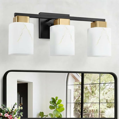 3-Light Square Bathroom Light Fixture, Black and Gold Modern Vanity Light with White Marble Glass Shade, for Bathroom Mirror, Living Room, Bedroom, Hallway, E26 Base