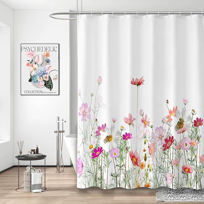 Floral Shower Curtain - 72"W x 84"L, with 12 Hooks, Hem Weighted Bathtub Curtain for Bathroom
