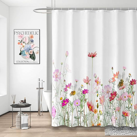 Floral Shower Curtain - 72"W x 84"L, with 12 Hooks, Hem Weighted Bathtub Curtain for Bathroom