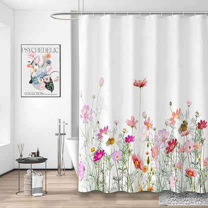 Flower Shower Curtain - Waterproof Bathroom Fabric Shower Curtain, 72" W x 72" L, Cloth with 12 Hooks