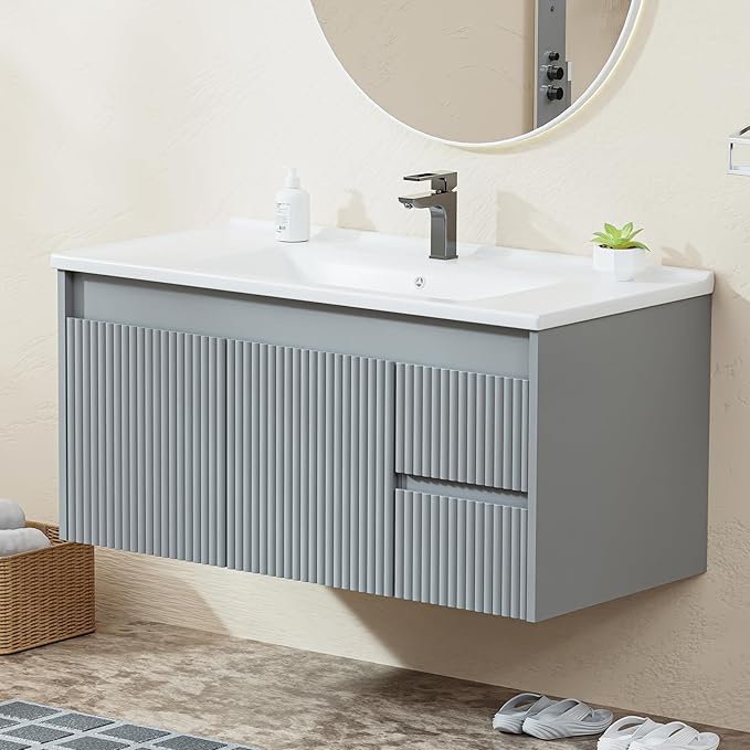 Floating Bathroom Vanity 40 Inch, Wall Mounted Bathroom Vanity with Ceramic Sink and 2 Drawers for Storage, Modern Wave-Carved Design Wooden Sink Cabinet, Grey