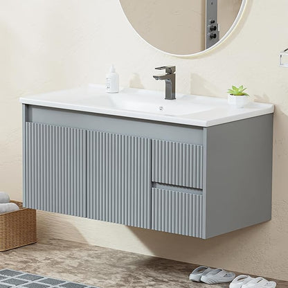 Floating Bathroom Vanity 40 Inch, Wall Mounted Bathroom Vanity with Ceramic Sink and 2 Drawers for Storage, Modern Wave-Carved Design Wooden Sink Cabinet, Grey