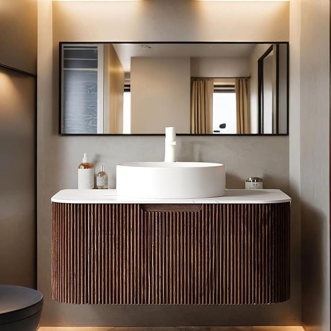 36 inch Floating Bathroom Vanity with Sink, Wall-Mount Cabinet with Ultra-Thin Ceramic Basin and Marble Top, Large Storage Drawer, Soft-Close Design, Dark Walnut
