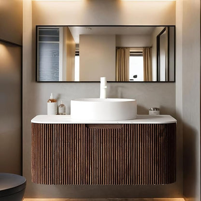 36 inch Floating Bathroom Vanity with Sink, Wall-Mount Cabinet with Ultra-Thin Ceramic Basin and Marble Top, Large Storage Drawer, Soft-Close Design, Dark Walnut