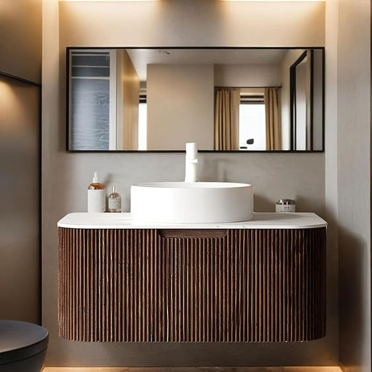 36 inch Floating Bathroom Vanity with Sink, Wall-Mount Cabinet with Ultra-Thin Ceramic Basin and Marble Top, Large Storage Drawer, Soft-Close Design, Dark Walnut