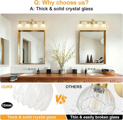 Bathroom Light Fixtures, 4-Light Brushed Gold Vanity Lights for Bathroom with White Tulip Glass Shade, 26" Vintage Bathroom Vanity Lighting Fixtures Over Mirror for Bedroom Living Room Hallway