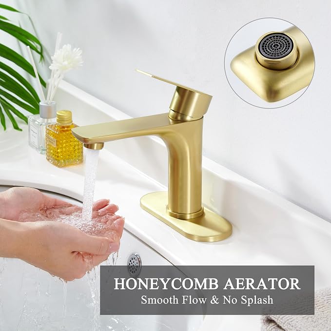 TONNY Single Handle Gold Bathroom Faucet | Stainless Steel Vanity Faucet with Deck Plate for 1 or 3 Holes, with Pop Up Drain for Vessel Sink Laundry Lavatory RV
