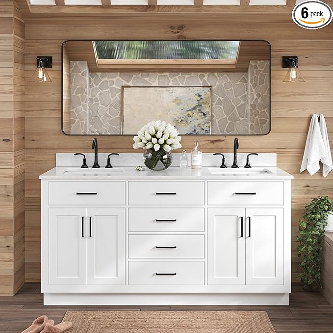 ARIEL Hepburn 66-inch Bathroom Vanity with Sink,Solid Wood, 0.75-inch Italian Carrara Marble Countertop, Double Rectangular Porcelain Sink, 4 Soft Closing Doors, 6 Dovetail Drawers, White