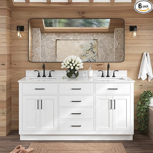 ARIEL Hepburn 66-inch Bathroom Vanity with Sink,Solid Wood, 0.75-inch Italian Carrara Marble Countertop, Double Rectangular Porcelain Sink, 4 Soft Closing Doors, 6 Dovetail Drawers, White