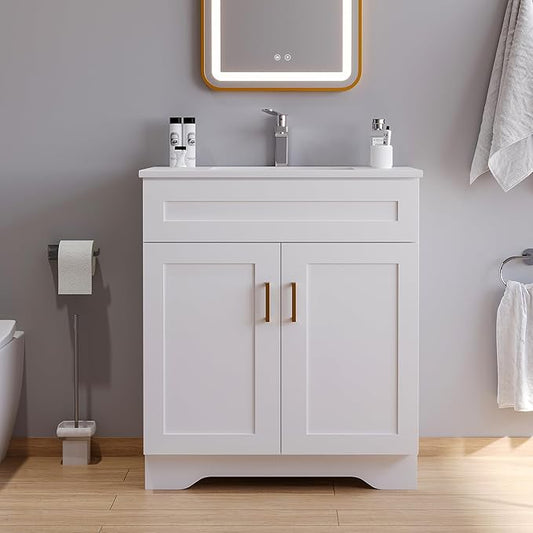 Bathroom 30" Vanity with Ceramic Sink, Wooden Double Door Bathroom Storage Cabinet, Freestanding Cabinet Vanity with Sink (Paint, White,30")