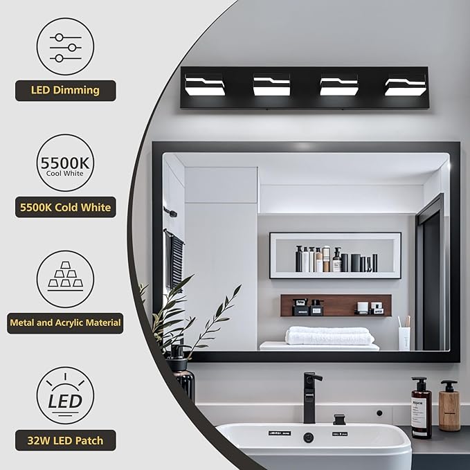 LED Modern Bathroom Vanity Light Fixtures 4-Light, 25.5 inch Dimmable Black Vanity Lights for Bathroom Lighting Fixtures Over Mirror, with 350°Rotatable Acrylic Heads(White Light 5500K)