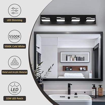 LED Modern Bathroom Vanity Light Fixtures 4-Light, 25.5 inch Dimmable Black Vanity Lights for Bathroom Lighting Fixtures Over Mirror, with 350°Rotatable Acrylic Heads(White Light 5500K)