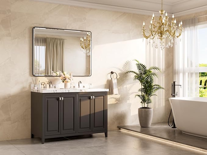 Black Wall Mirror 48 x 36 Beveled Edge Tempered Glass, Rounded Corner Rectangle Framed Mirror for Modern Bathroom, Living Room, Bedroom, Entryway