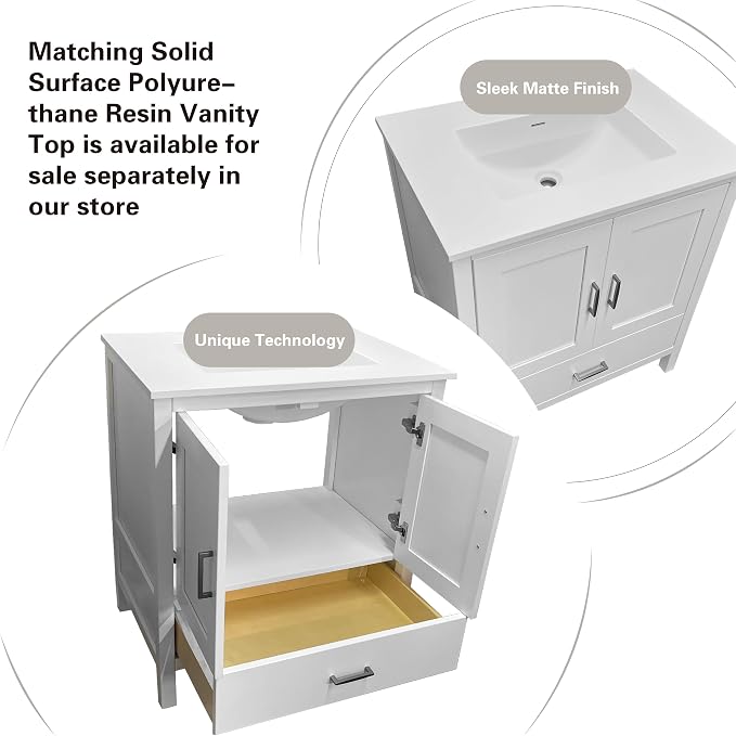 36" White Bathroom Vanity Base Only – Freestanding Solid Wood Sink Cabinet with Bottom Drawer, Shaker Style Storage, No Top or Sink, 36" W x 21" D x 34.5" H
