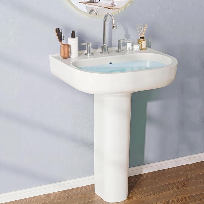 22" x 17" Pedestal Sink – White Ceramic Rectangular Bathroom Vanity with Overflow, Bathroom Pedestal Sink with 3 Pre-Drilled Holes for 8 in Faucets