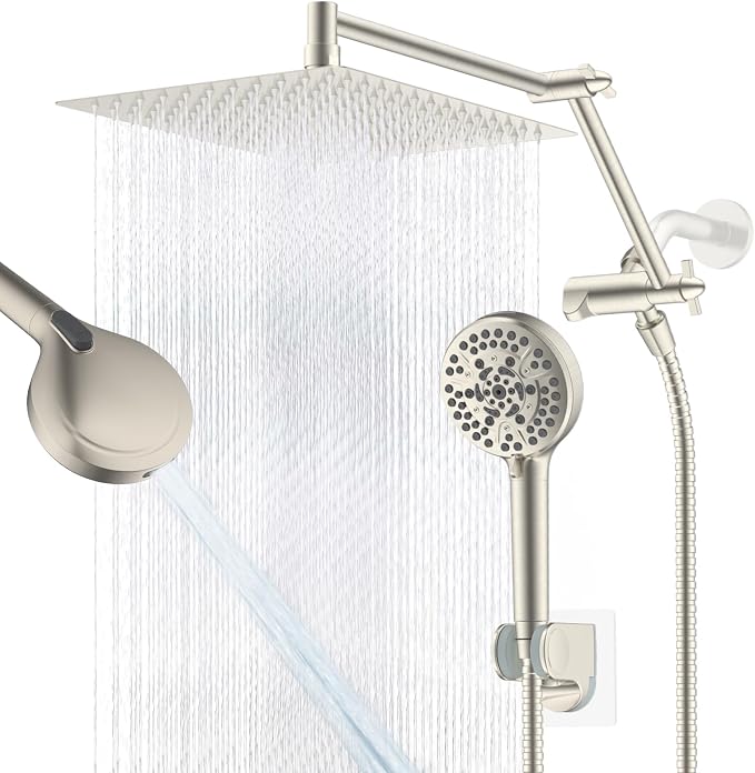 12" Metal Rain Shower Head with Handheld, High-Pressure Showerhead,10-Mode | Brushed Nickel, Rainfall Shower Head with 5" Large Handheld, Adjustable 16" Shower Extension Arm/71" Hose, 3-Way Diverter