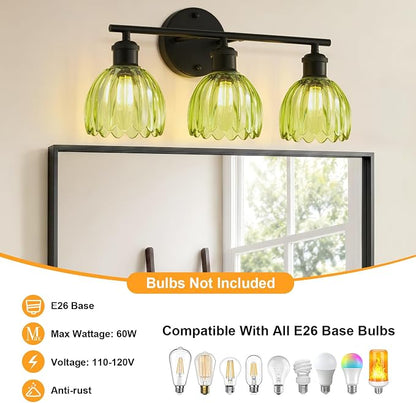 Bathroom Light Fixtures, 3-Light Brushed Black Vanity Lights for Bathroom with Green Tulip Glass Shade, 20" Vintage Bathroom Vanity Lighting Fixtures Over Mirror for Bedroom Living Room Hallway