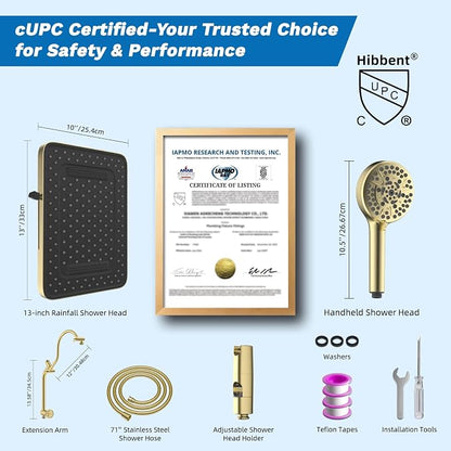 Hibbent cUPC Certified High Pressue 13'' Rainfall Shower Head with 5-Spray | Shower Heads with Handheld 10-Spray Combo, All Metal Easy Reach 4-way Diverter Arm, 71'' Hose & Holder, Brushed Gold