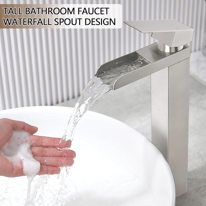 Tall Bathroom Faucet, Brushed Nickel Waterfall Bathroom Faucets for 1 Hole, Single Handle Lavatory Bathroom Vessel Sink Faucet with Hoses and Pop-up Drain KMBF015L-1