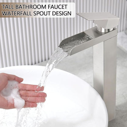 Tall Bathroom Faucet, Brushed Nickel Waterfall Bathroom Faucets for 1 Hole, Single Handle Lavatory Bathroom Vessel Sink Faucet with Hoses and Pop-up Drain KMBF015L-1