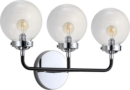 JONATHAN Y 22" Chrome/Black 3-Light LED Wall Sconce Vanity Lighting, Clear Glass Globe Shade Modern Contemporary Sconce for Bathroom Mirror, Hallway, UL Listed (JYL9058A)